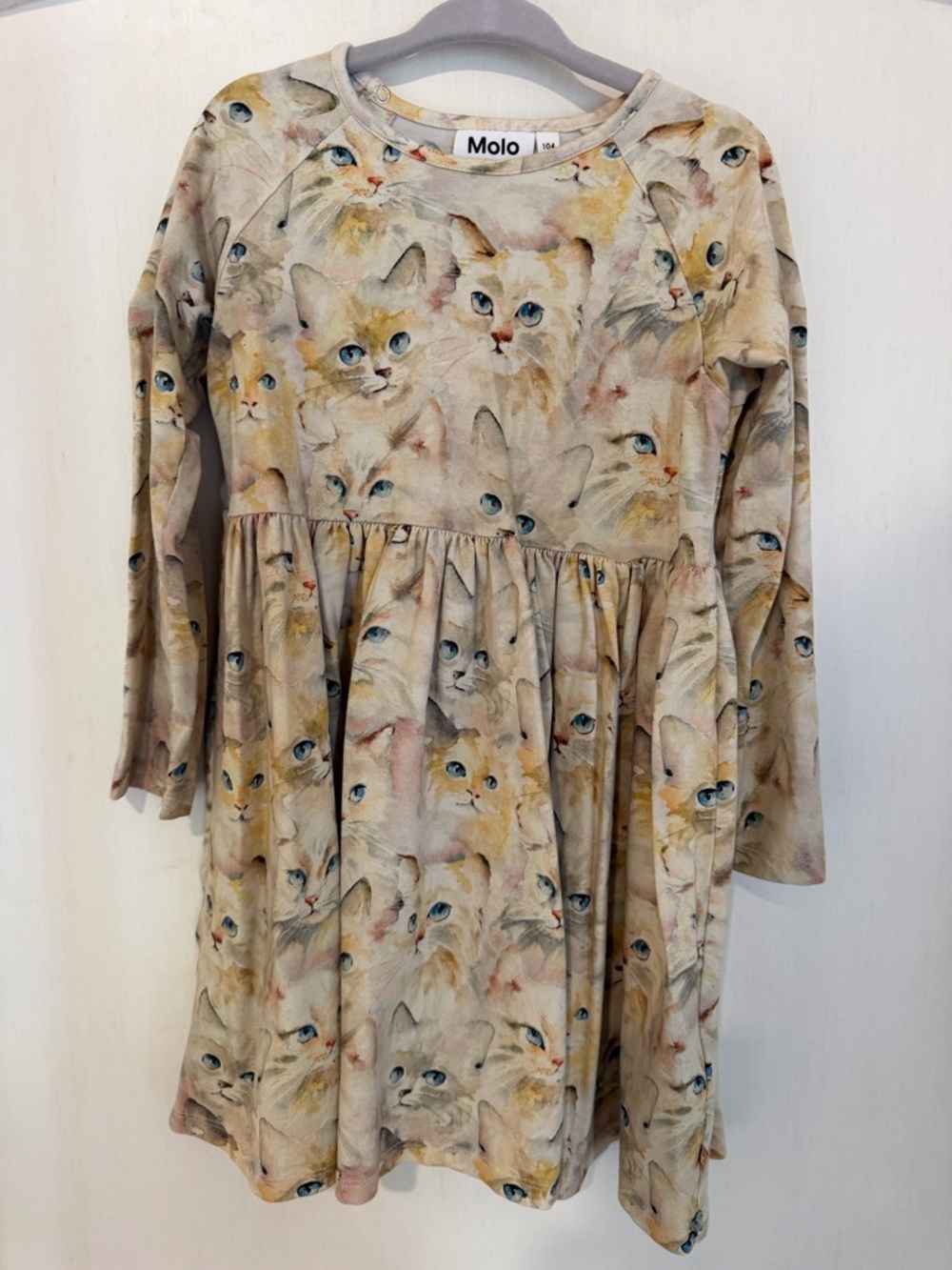 Molo Beige Cat Watercolor Long-Sleeve Dress